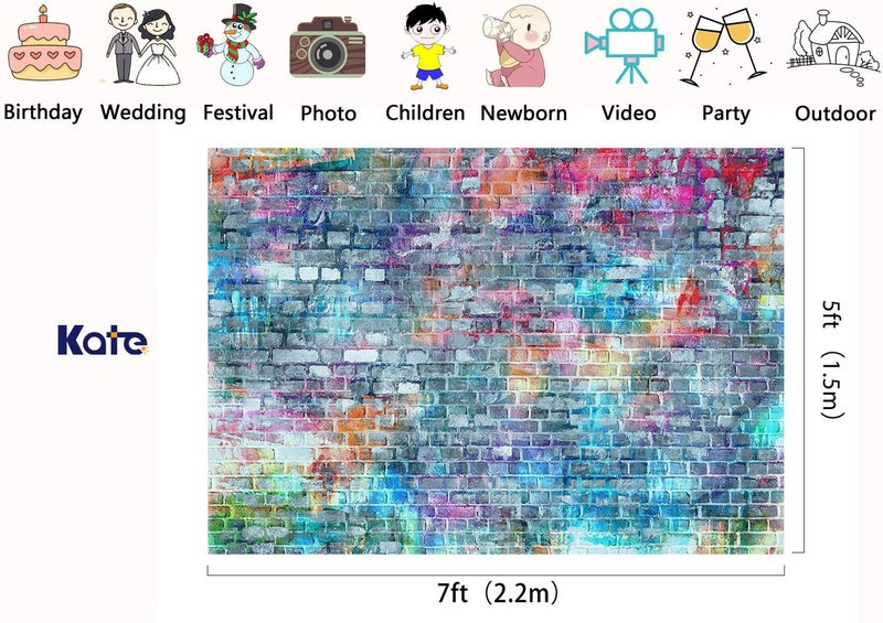 Kate 7x5ft Colorful Brick Wall Photography Backdrops Rainbow Painting Graffiti Backdrop Rustic Brick Wall Background for Photography - Image 2